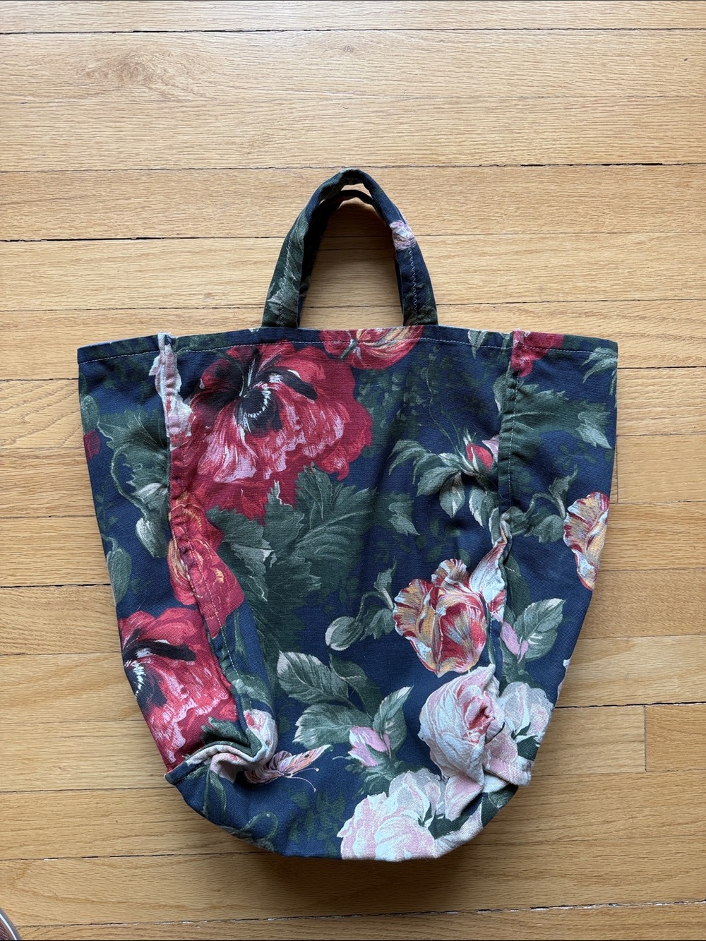 Floral Canvas Tote Bag - Navy with Red Bloom